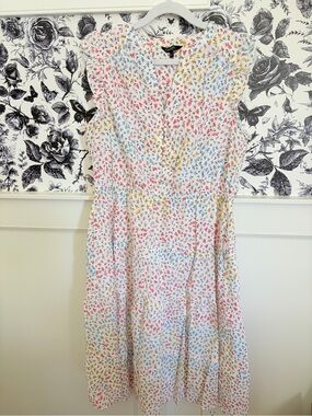 George White Midi Dress with Pink, Blue & Yellow Floral Print